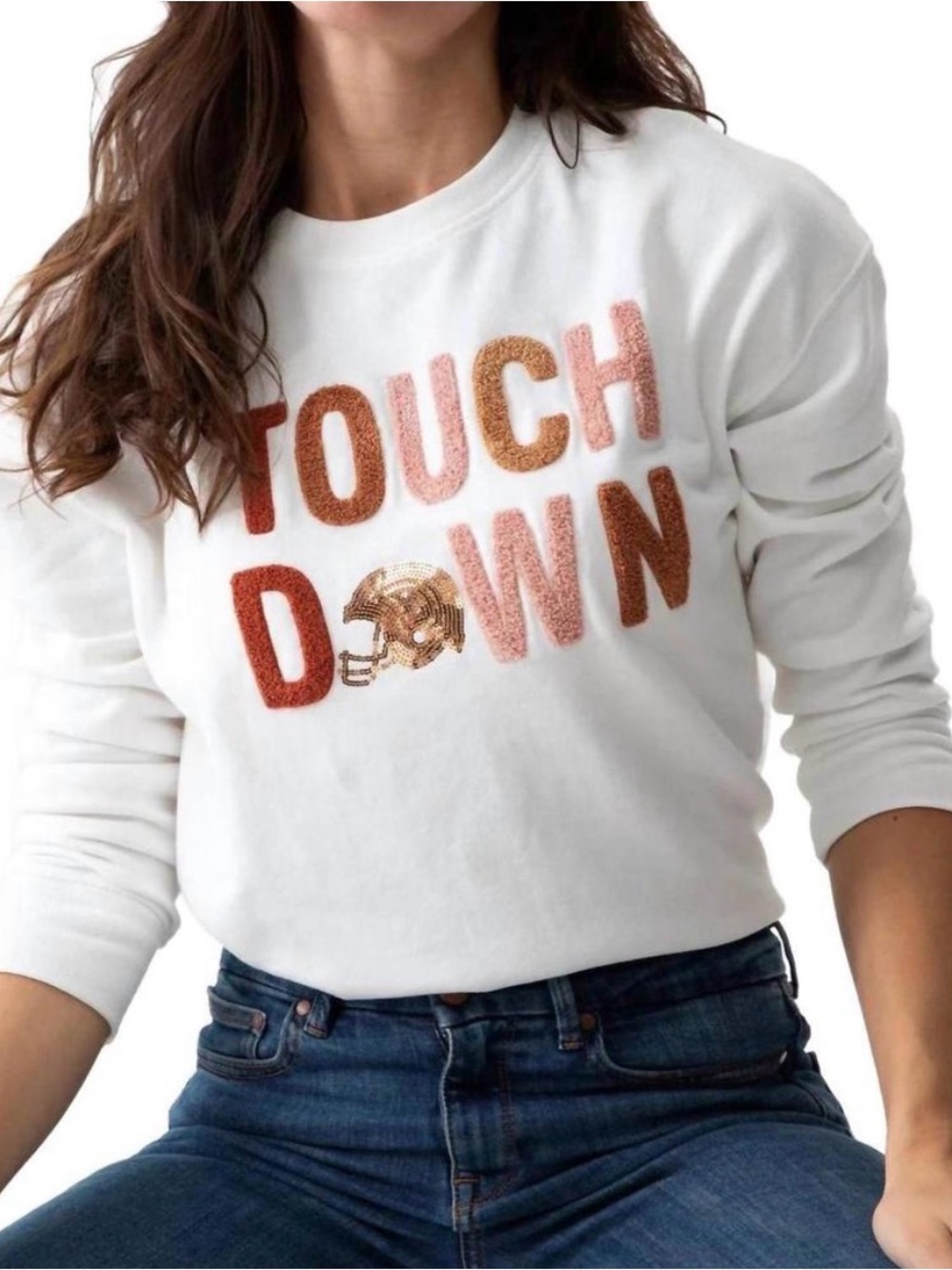Shiraleah White Sweatshirt with Pink and Brown Chenille TOUCH DOWN sweatshirt